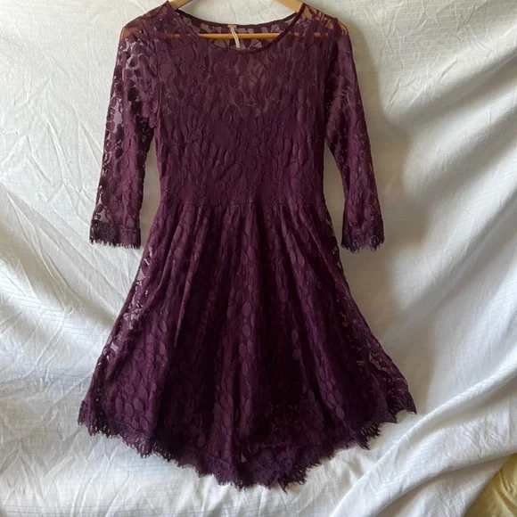Free People | Dresses | Free People Purple Lace 34 Sleeve Dress | Poshmark